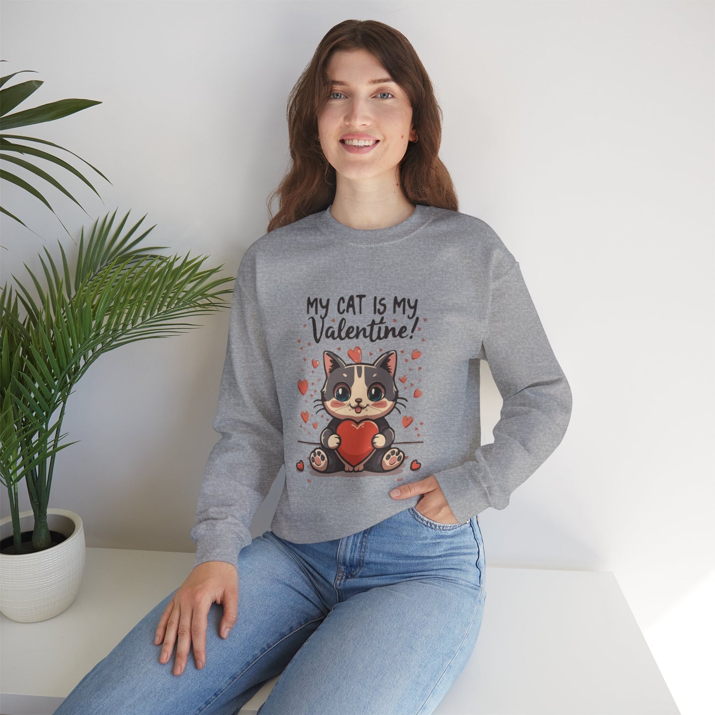 Cute Funny Cat Cartoon My Cat is My Valentine Meme Crewneck Sweatshirt