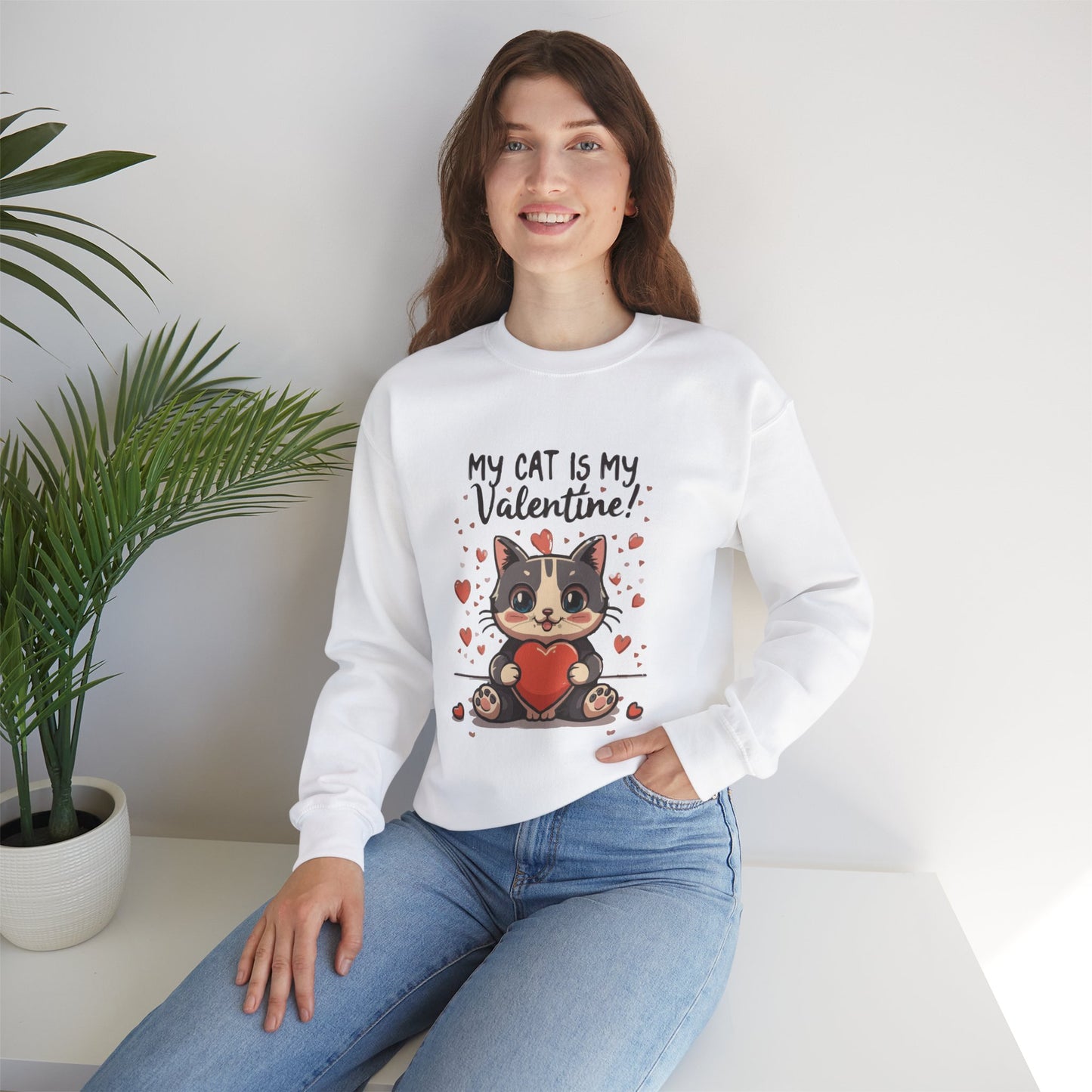 Cute Funny Cat Cartoon My Cat is My Valentine Meme Crewneck Sweatshirt