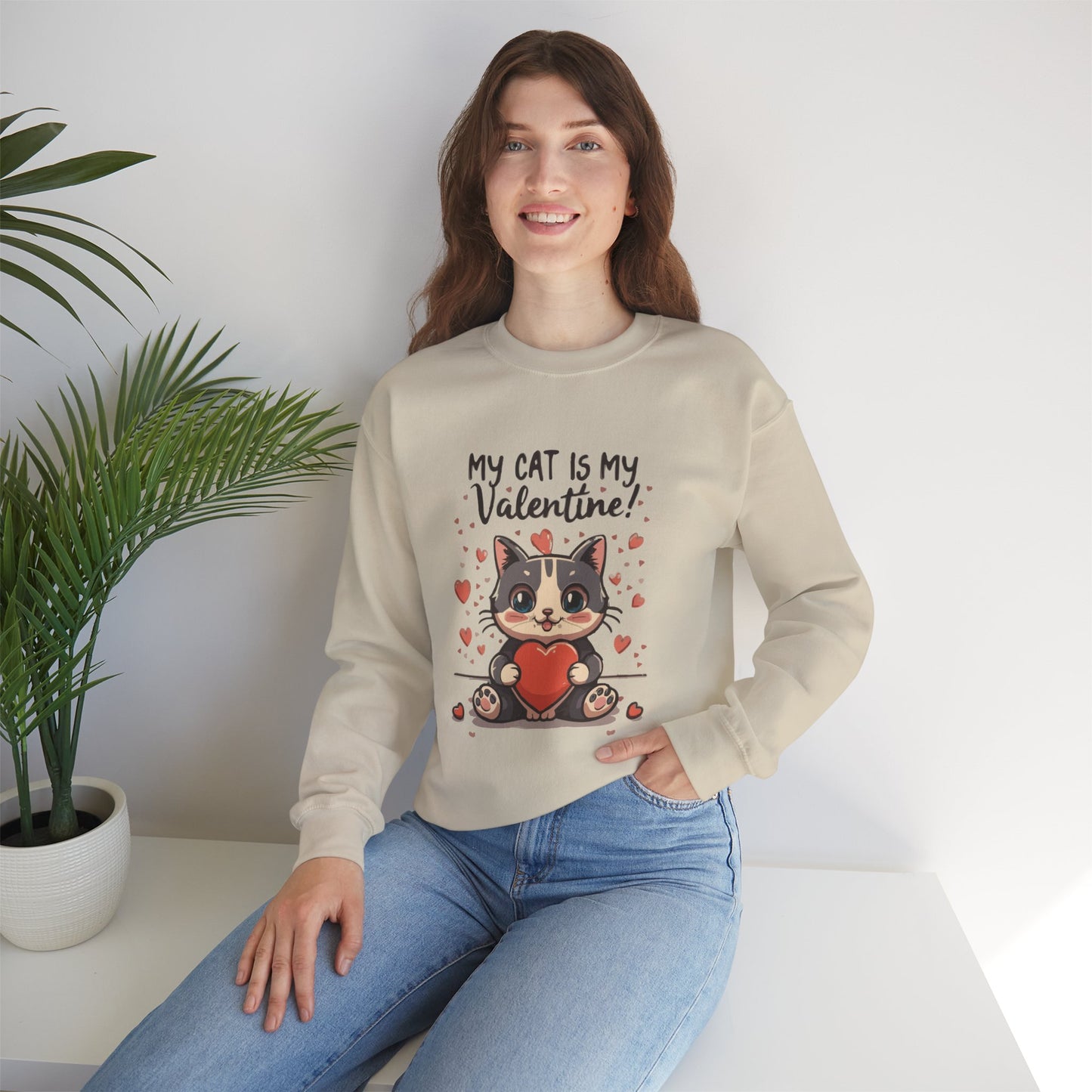 Cute Funny Cat Cartoon My Cat is My Valentine Meme Crewneck Sweatshirt