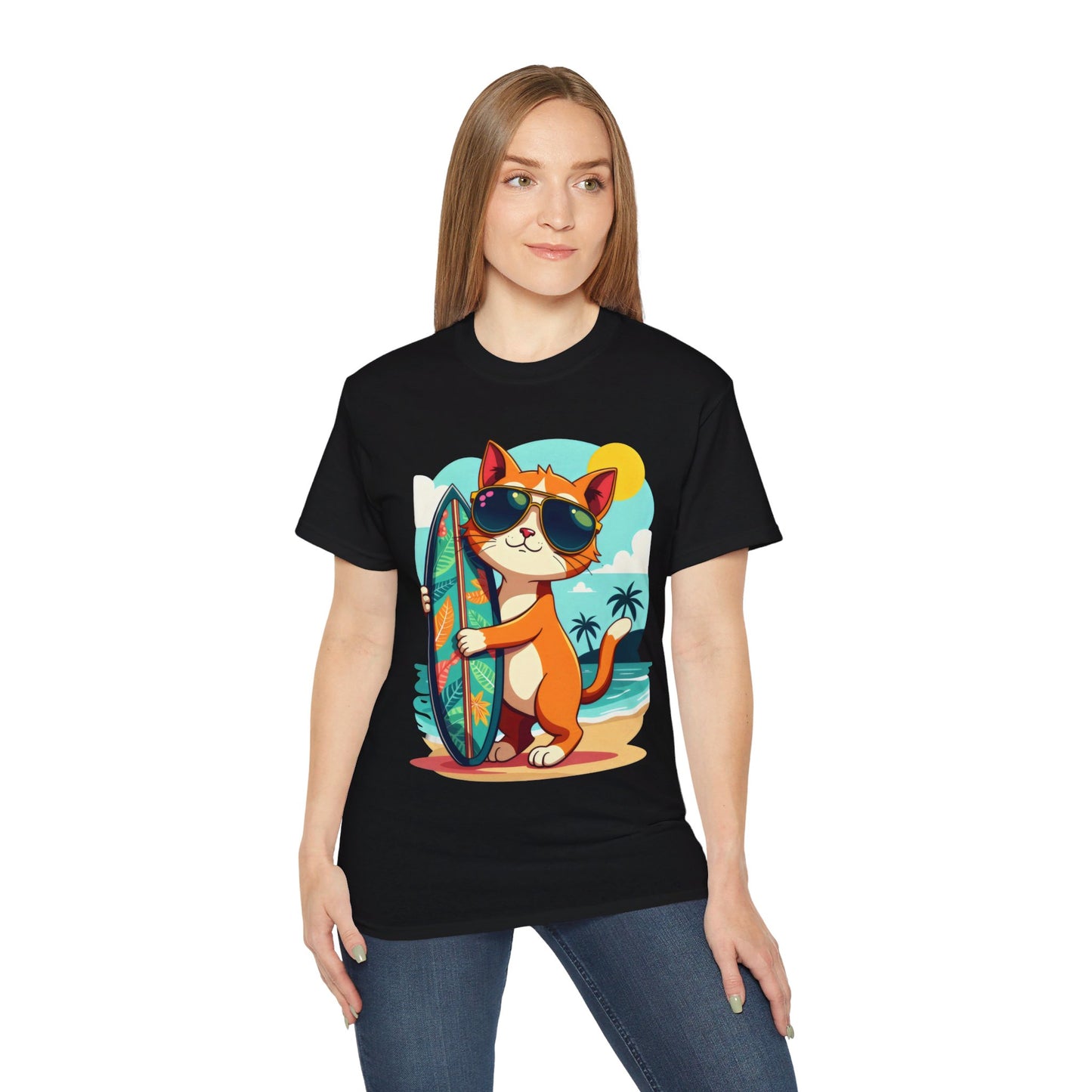 Cute Cat at the Beach Cartoon Unisex Organic T-Shirt