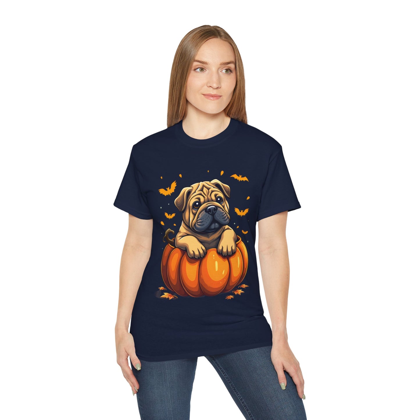 Cute Dog Cartoon Shar Pei Halloween Trick or Treat Unisex Organic T-Shirt