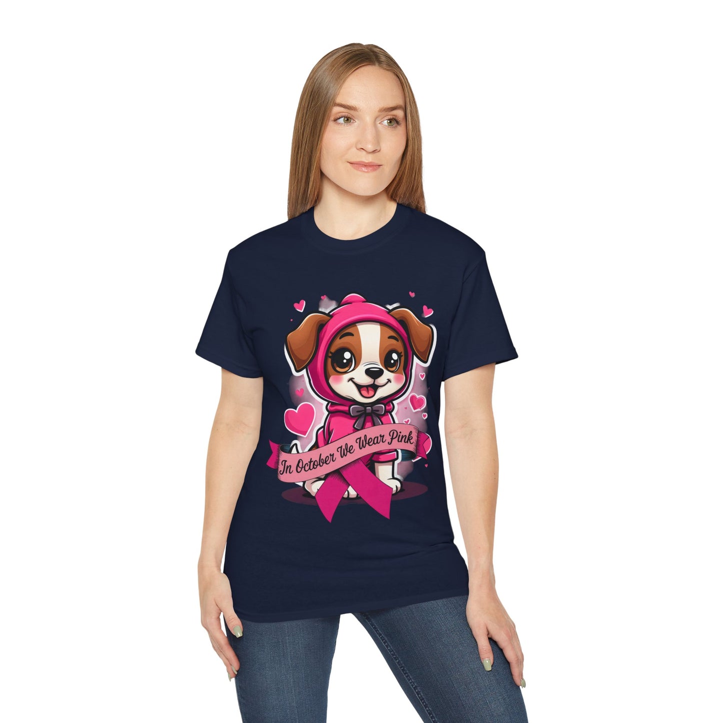 Cute Dog Cartoon In October We Wear Pink Unisex Organic T-Shirt