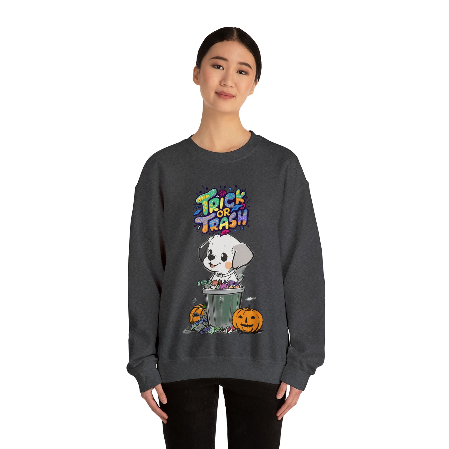 Cute Funny Trick or Trash Dog Unisex Crewneck Sweatshirt