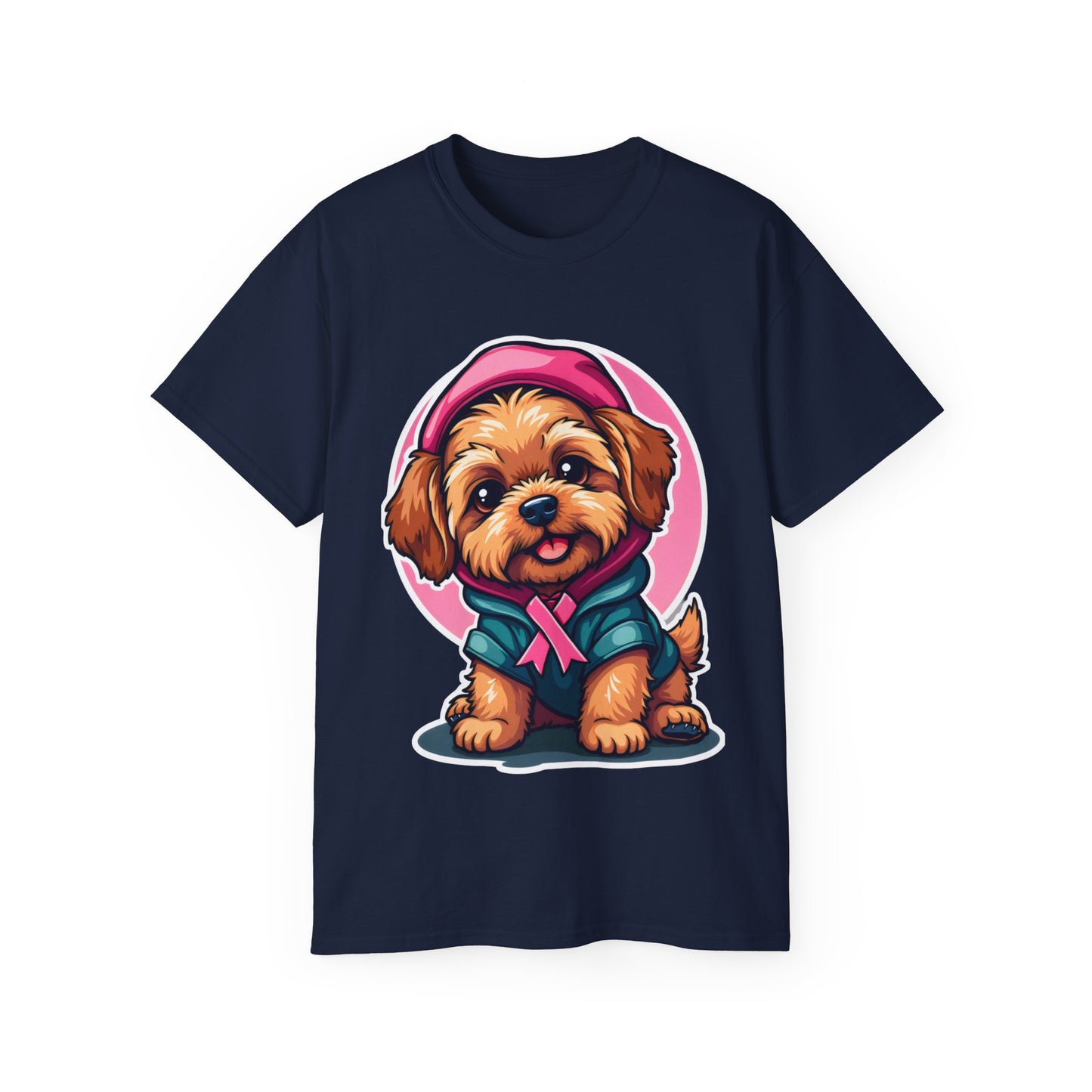 Poodle Dog Cartoon Pink Ribbon Breast Cancer Awareness Unisex Organic T-Shirt