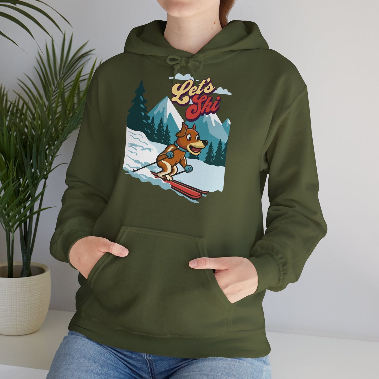 Cute Funny Dog Cartoon Let's Ski Unisex Hooded Sweatshirt