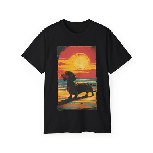 Vintage Dachshund Lover 60s 70s Retro Vintage Sunset Unisex Organic T-Shirt