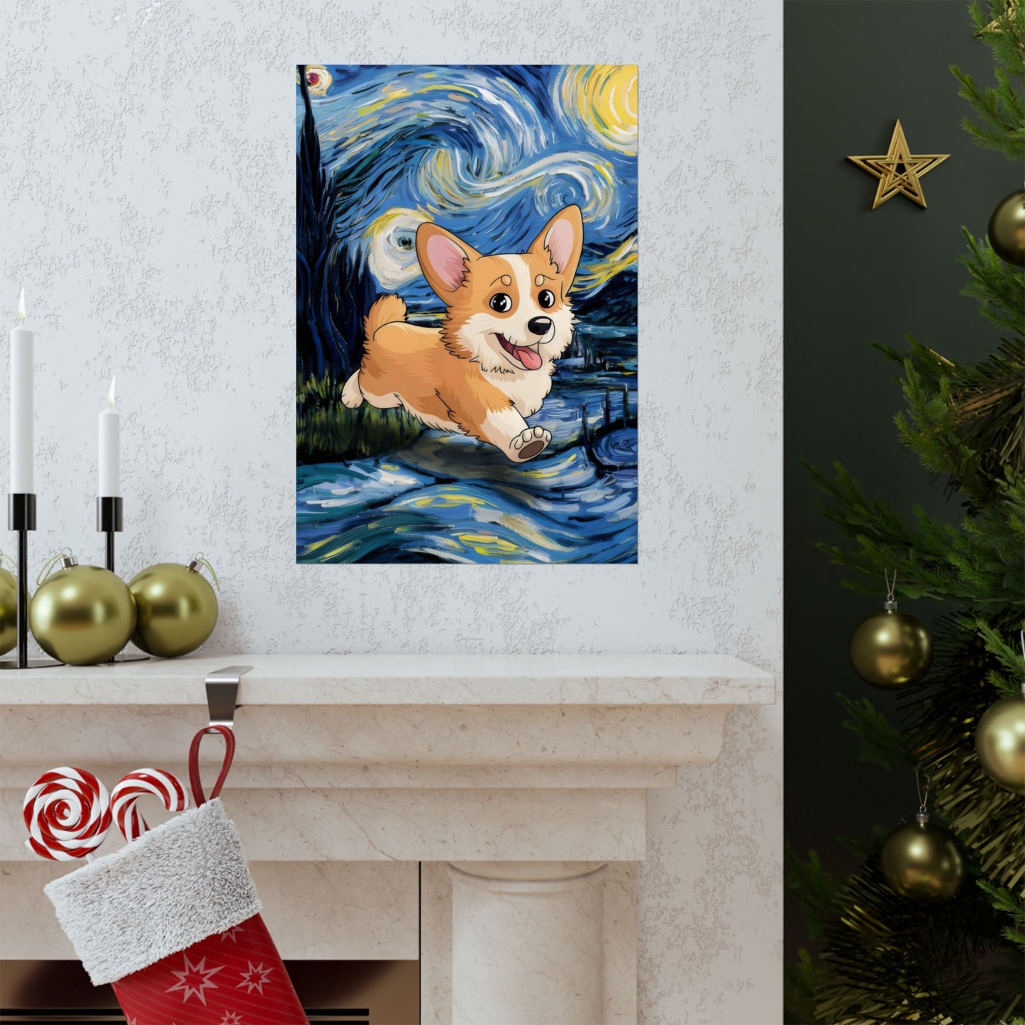 Cute Corgi Van Gogh Starry Night Matte Vertical Posters