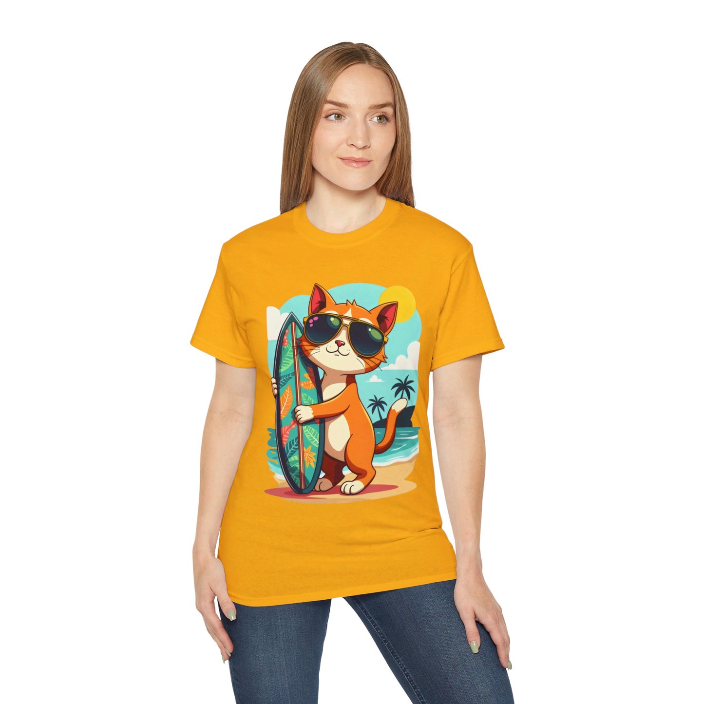 Cute Cat at the Beach Cartoon Unisex Organic T-Shirt