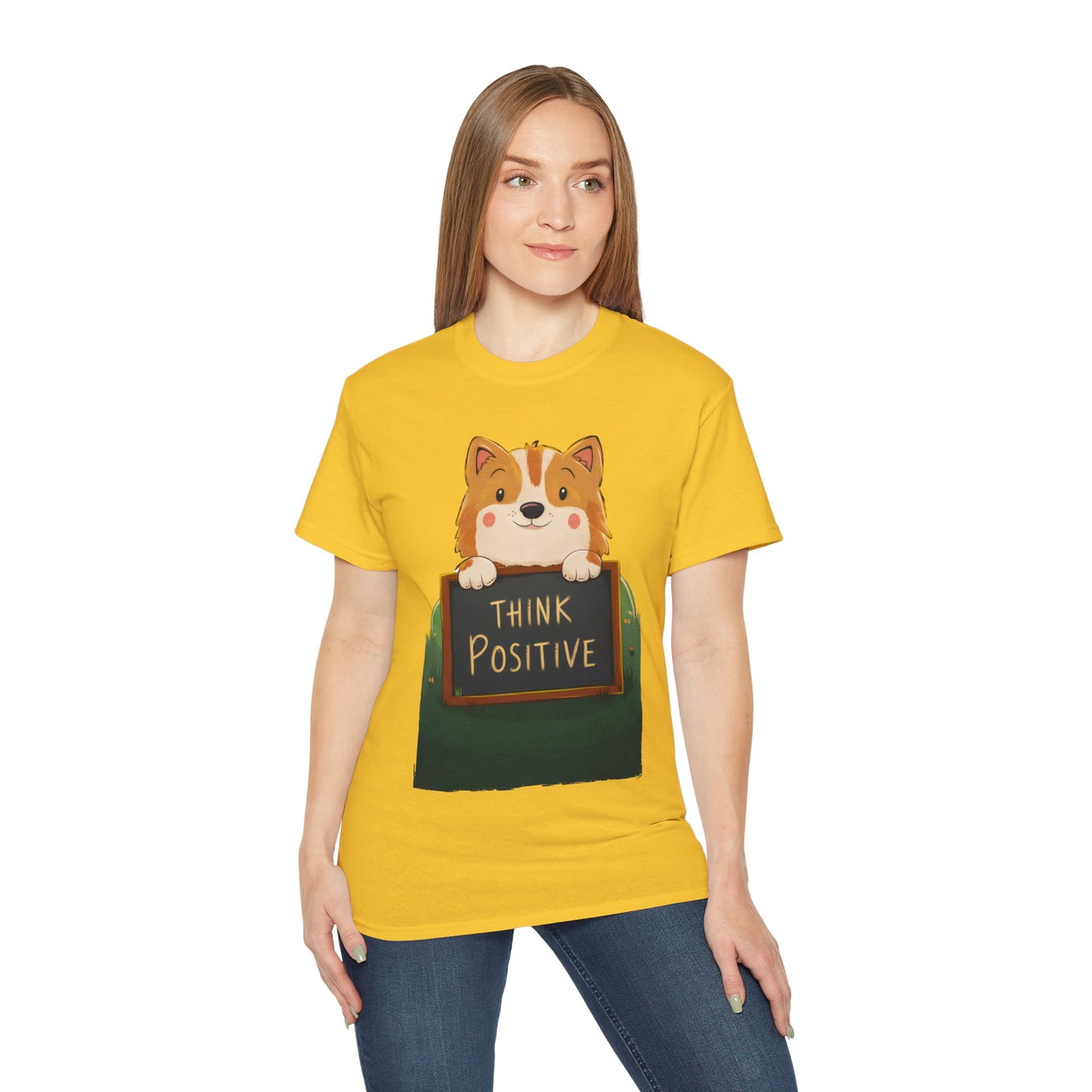 Cute Dog Cartoon Organic T-Shirt - Think Positive Quote