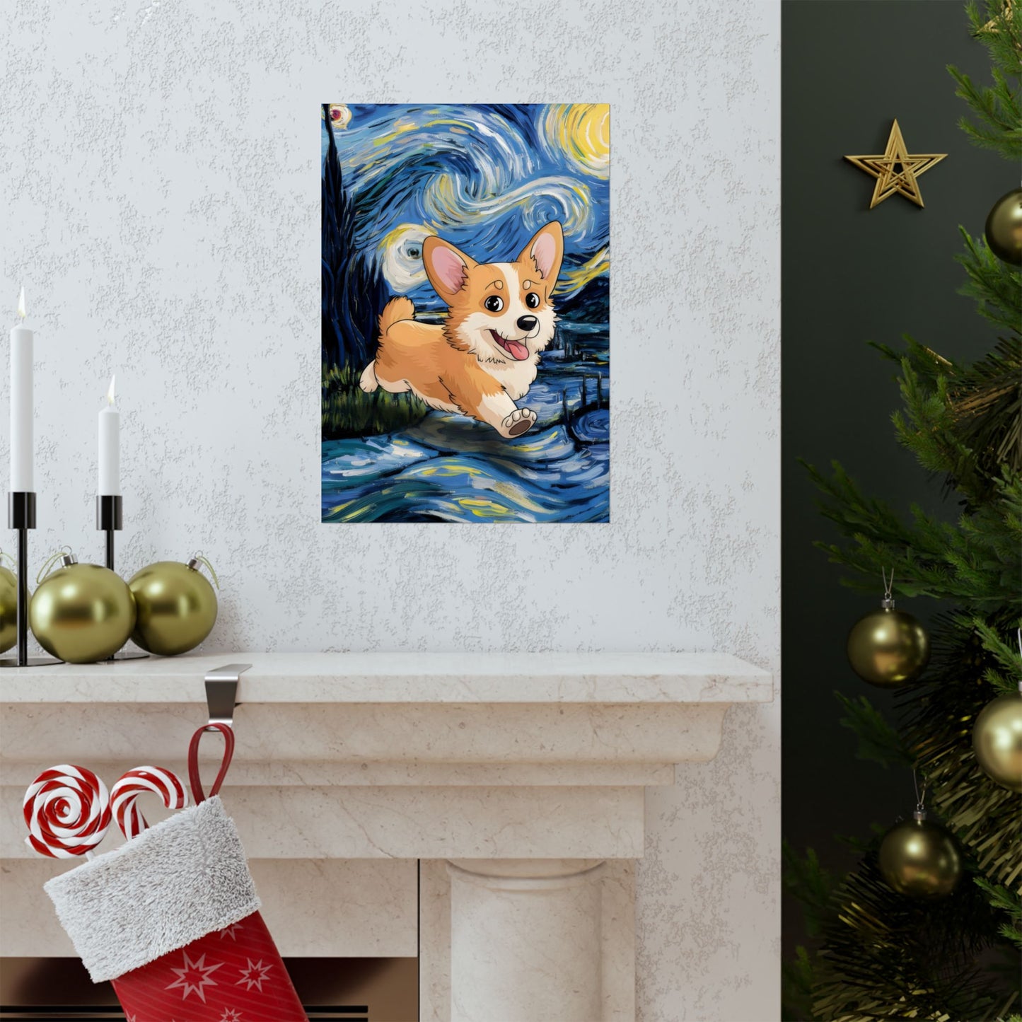 Cute Corgi Van Gogh Starry Night Matte Vertical Posters