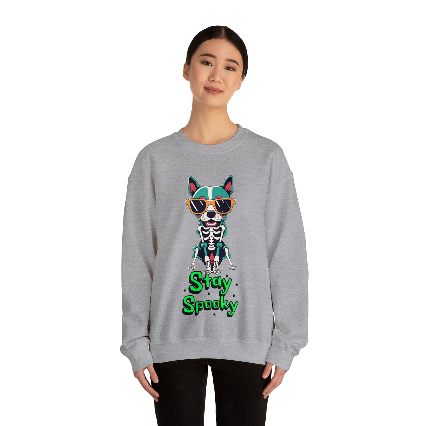 Cute Funny Stay Spooky Skeleton Dog Unisex Crewneck Sweatshirt