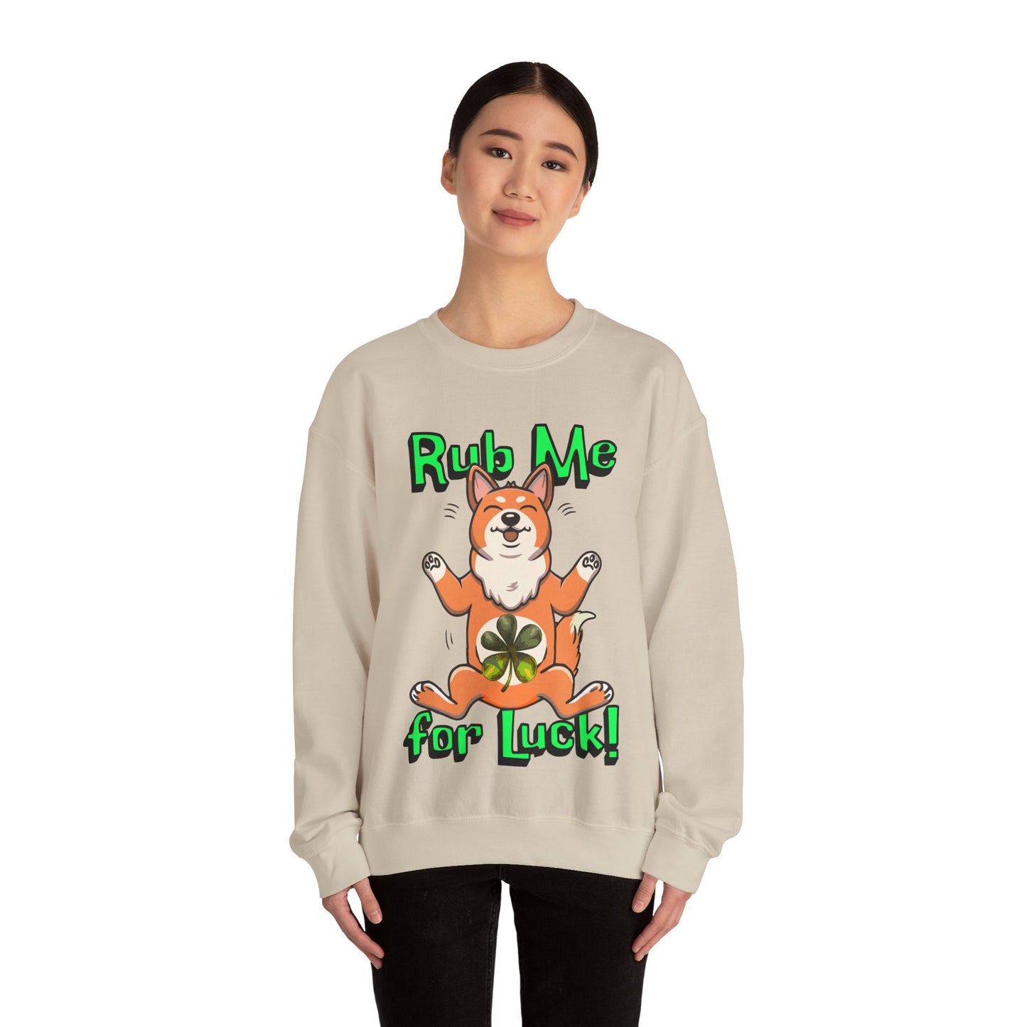 Cute Dog Cartoon St Patrick's Day Rub Me for Luck Crewneck Sweatshirt