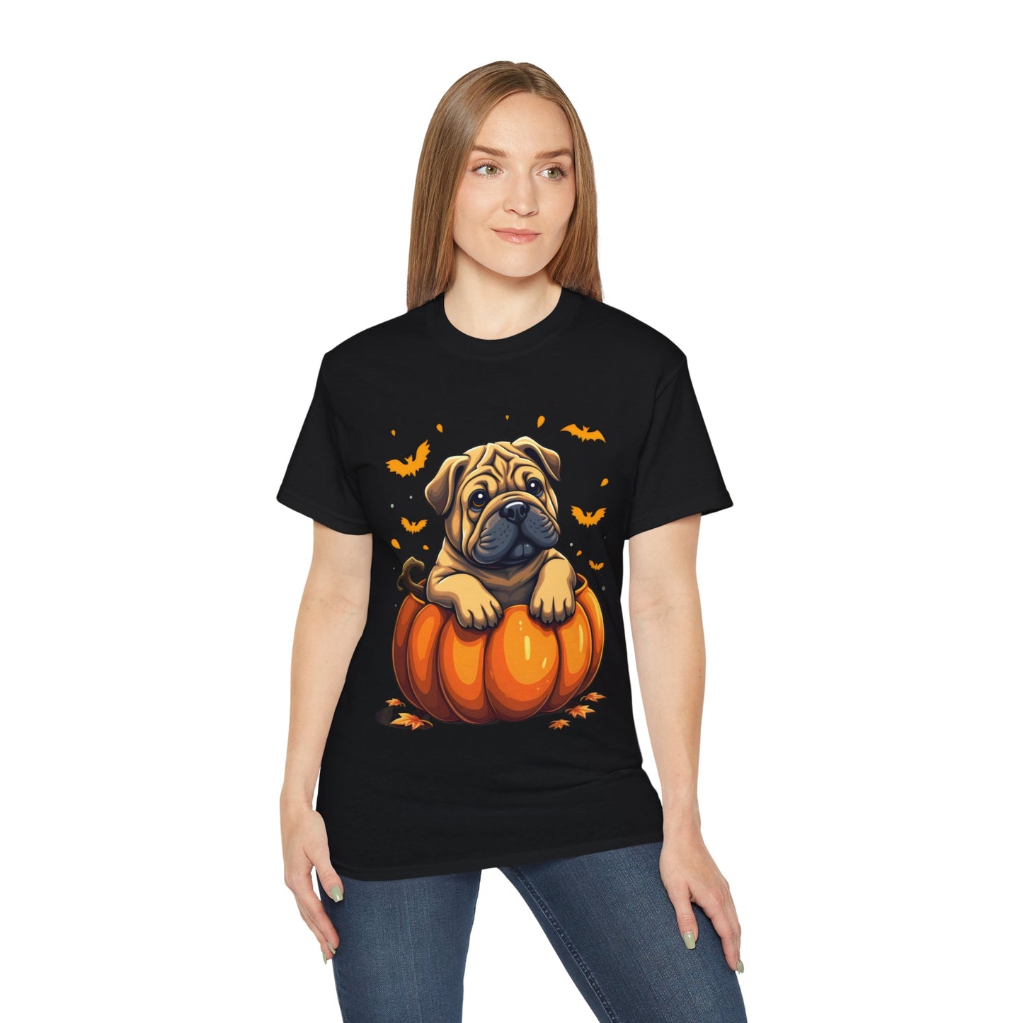 Cute Dog Cartoon Shar Pei Halloween Trick or Treat Unisex Organic T-Shirt