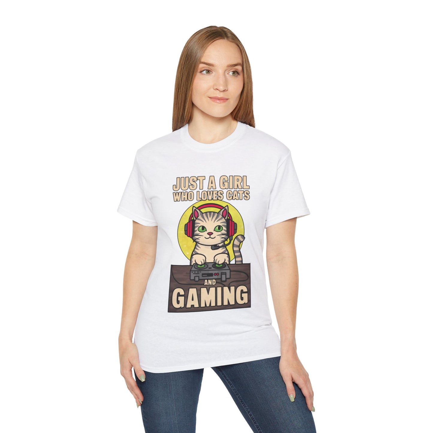 Cute Cartoon Just a Girl Who Loves Cats and Gaming Meme Organic T-Shirt