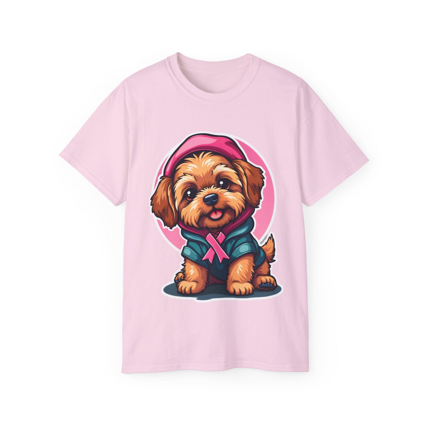 Poodle Dog Cartoon Pink Ribbon Breast Cancer Awareness Unisex Organic T-Shirt