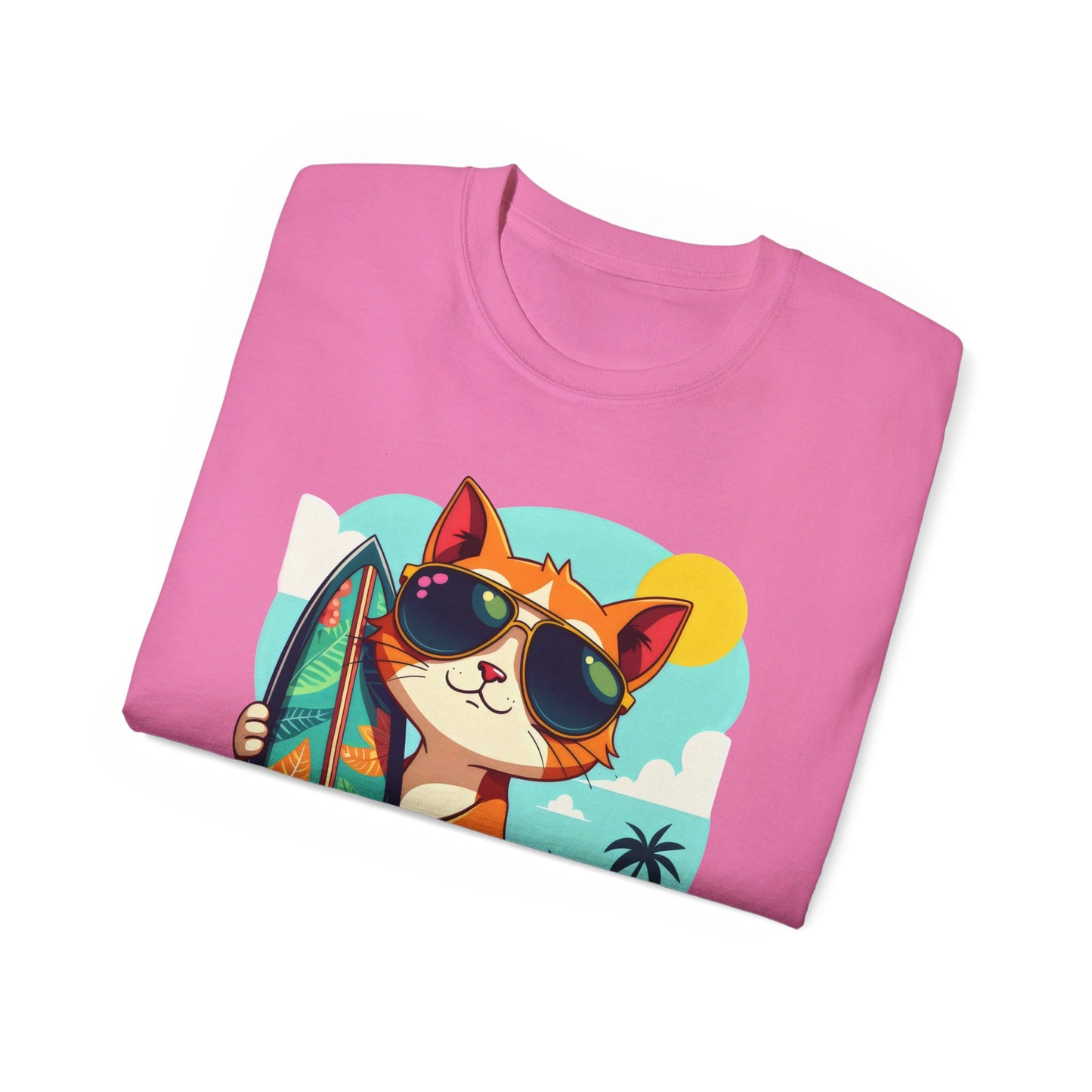 Cute Cat at the Beach Cartoon Unisex Organic T-Shirt