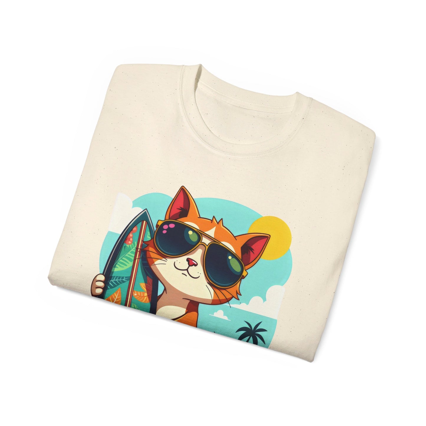 Cute Cat at the Beach Cartoon Unisex Organic T-Shirt