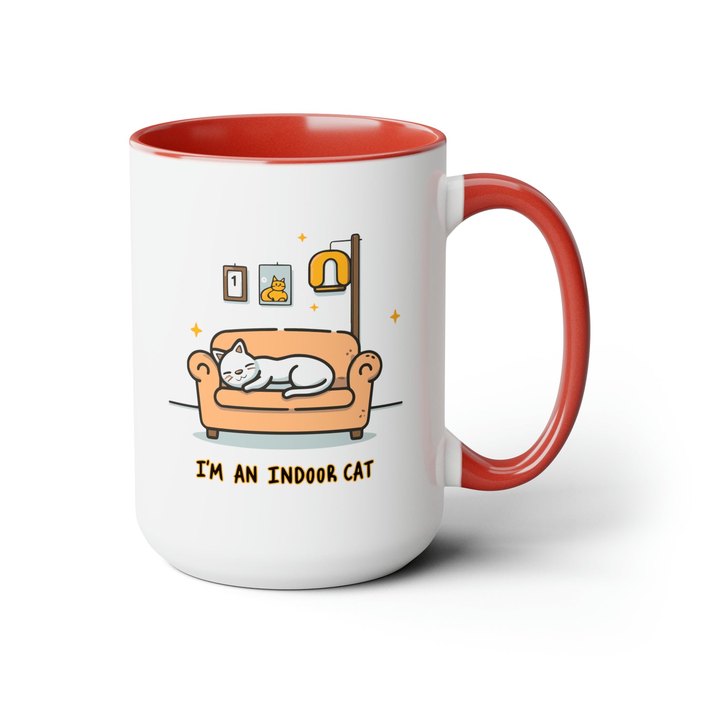 Cute Funny I'm an Indoor Cat Meme Cartoon Two-Tone Coffee Mugs, 15oz