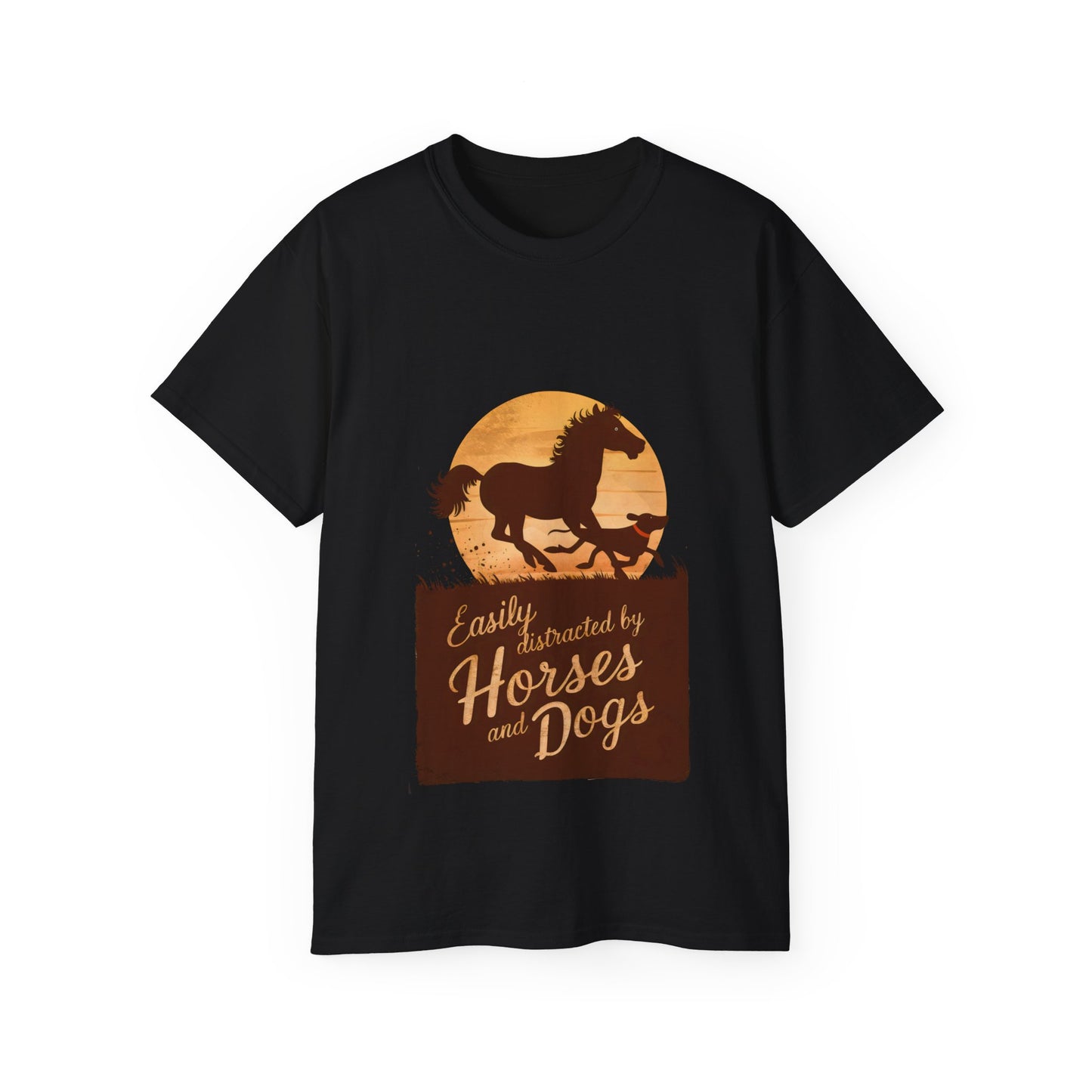 Cute Illustration Easily Distracted by Horses and Dogs Unisex Organic T-Shirt