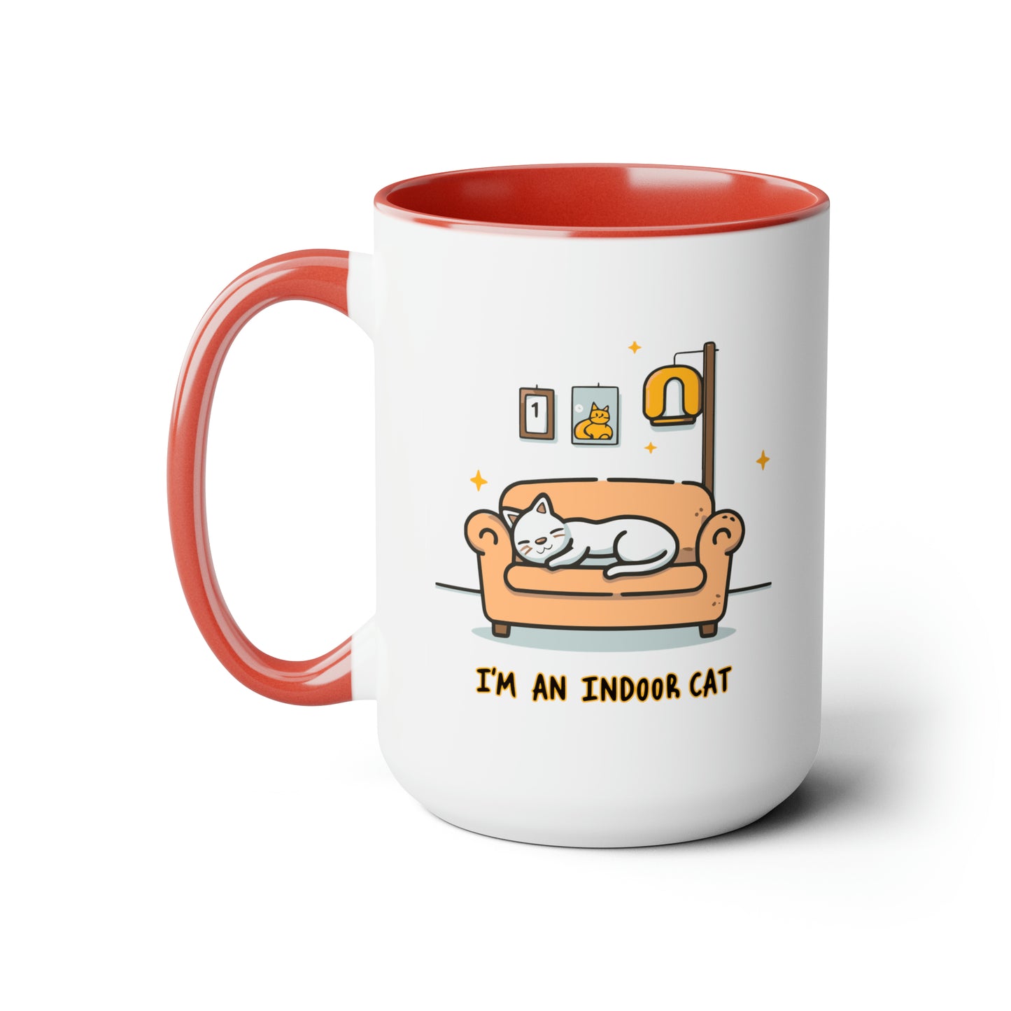 Cute Funny I'm an Indoor Cat Meme Cartoon Two-Tone Coffee Mugs, 15oz