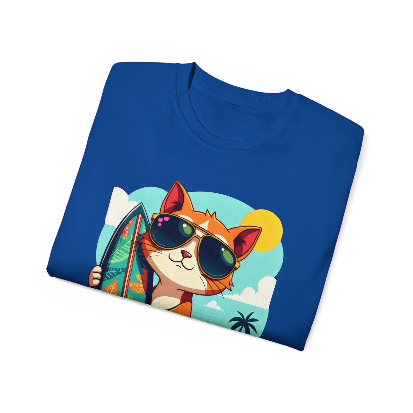 Cute Cat at the Beach Cartoon Unisex Organic T-Shirt