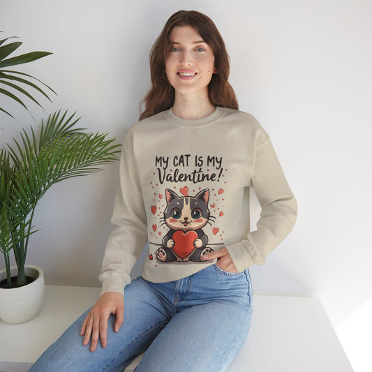 Cute Funny Cat Cartoon My Cat is My Valentine Meme Crewneck Sweatshirt