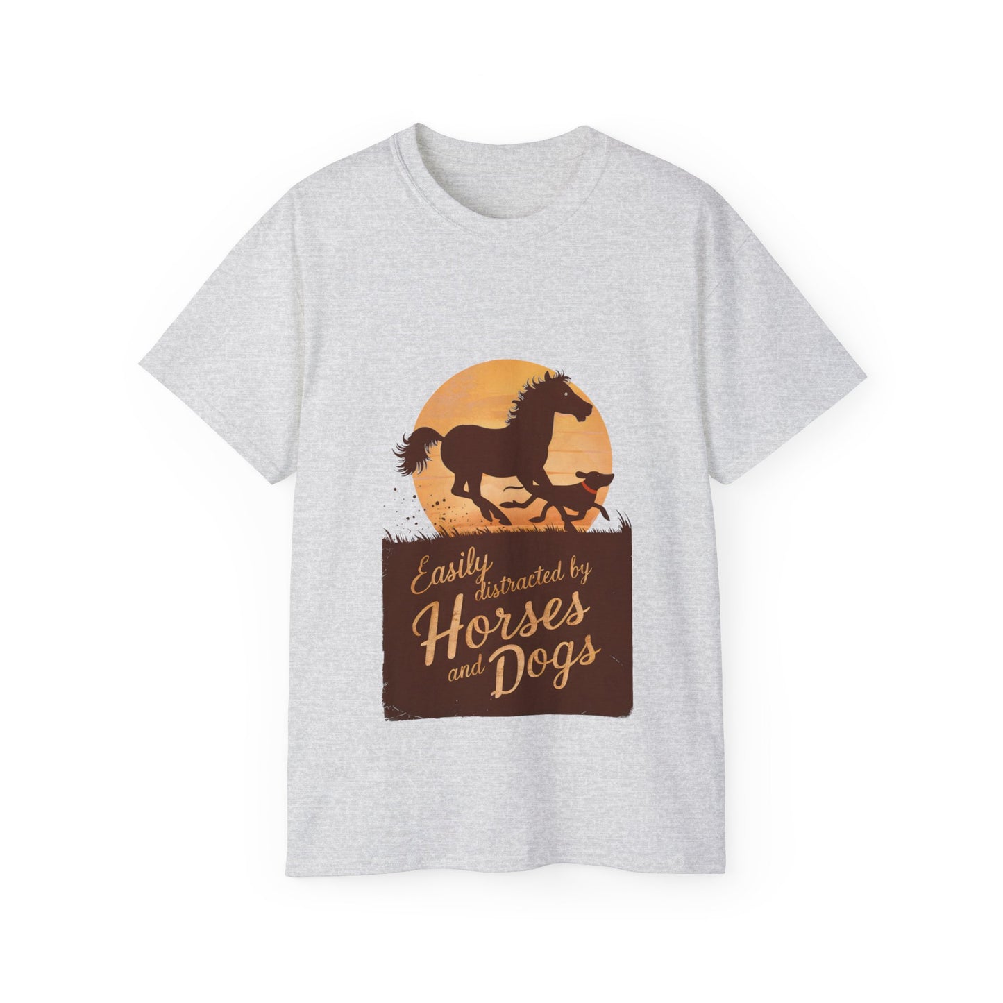 Cute Illustration Easily Distracted by Horses and Dogs Unisex Organic T-Shirt