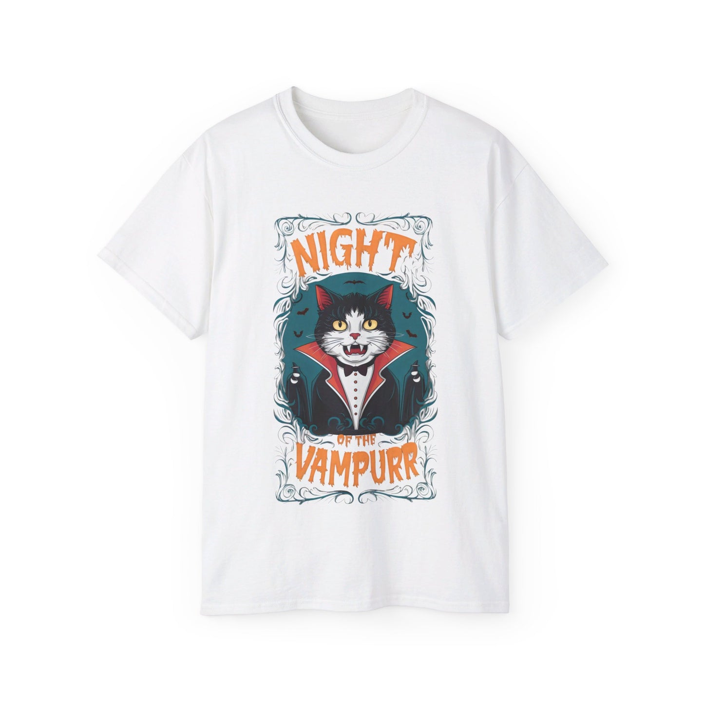 Cute Cat Cartoon Night of the Vampurr Unisex Organic T-Shirt