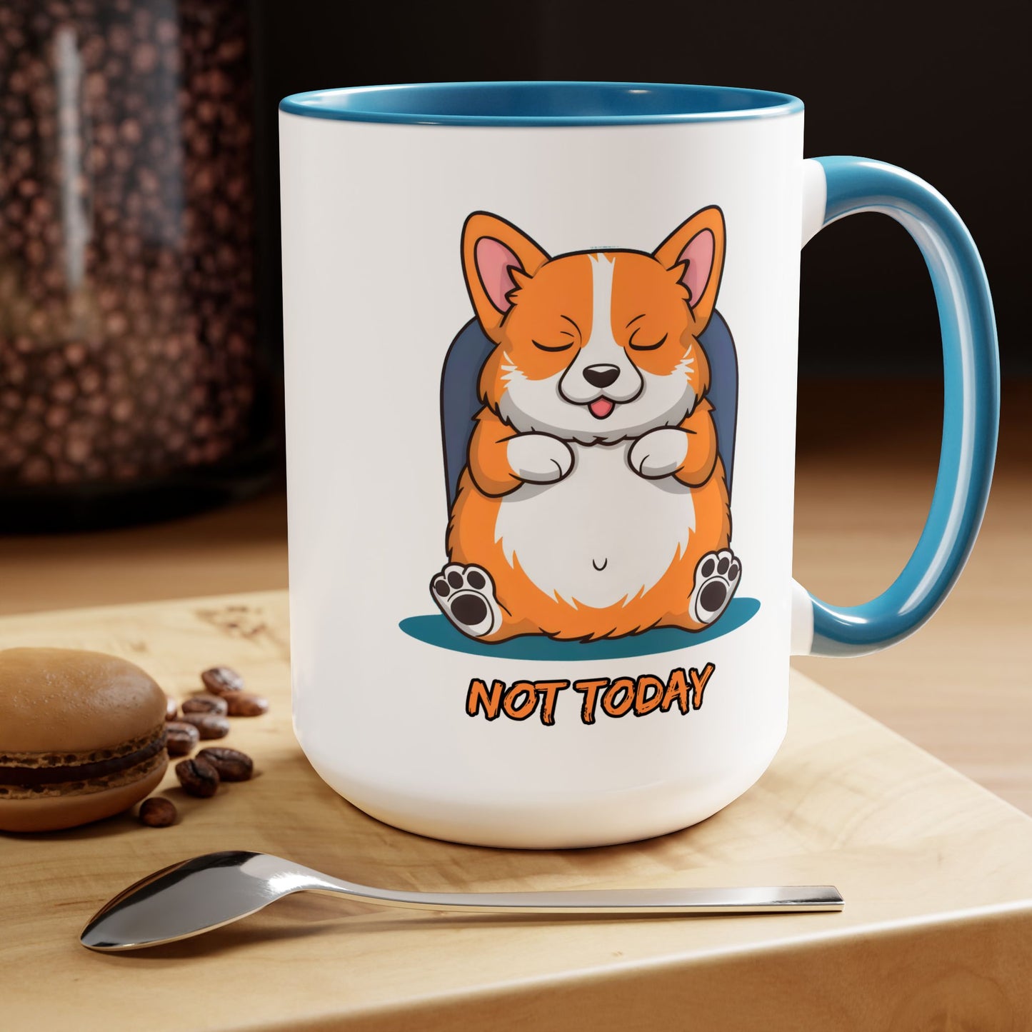 Cute Funny Dog Cartoon Corgi Not Today Meme Two-Tone Coffee Mugs, 15oz