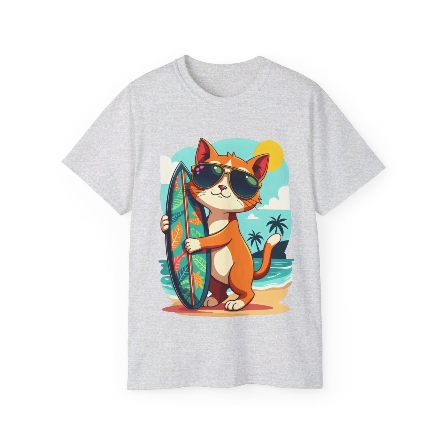 Cute Cat at the Beach Cartoon Unisex Organic T-Shirt