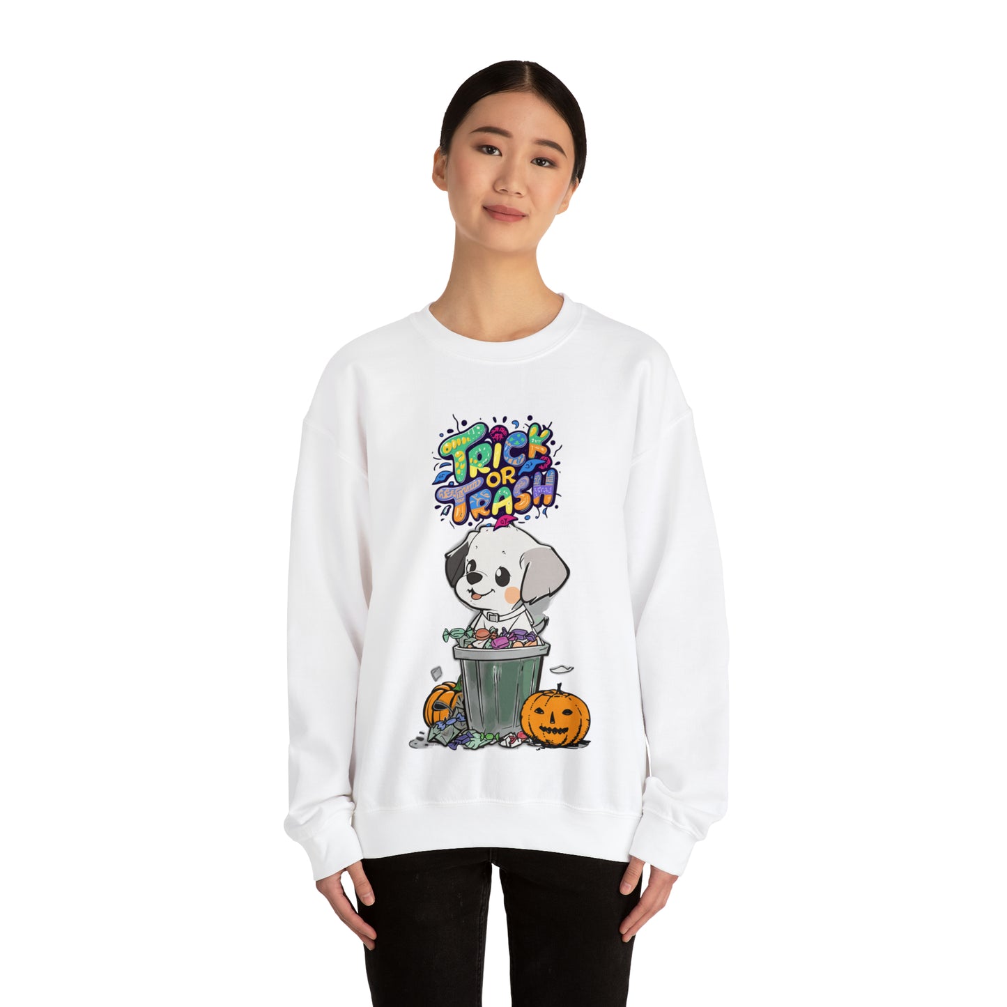 Cute Funny Trick or Trash Dog Unisex Crewneck Sweatshirt