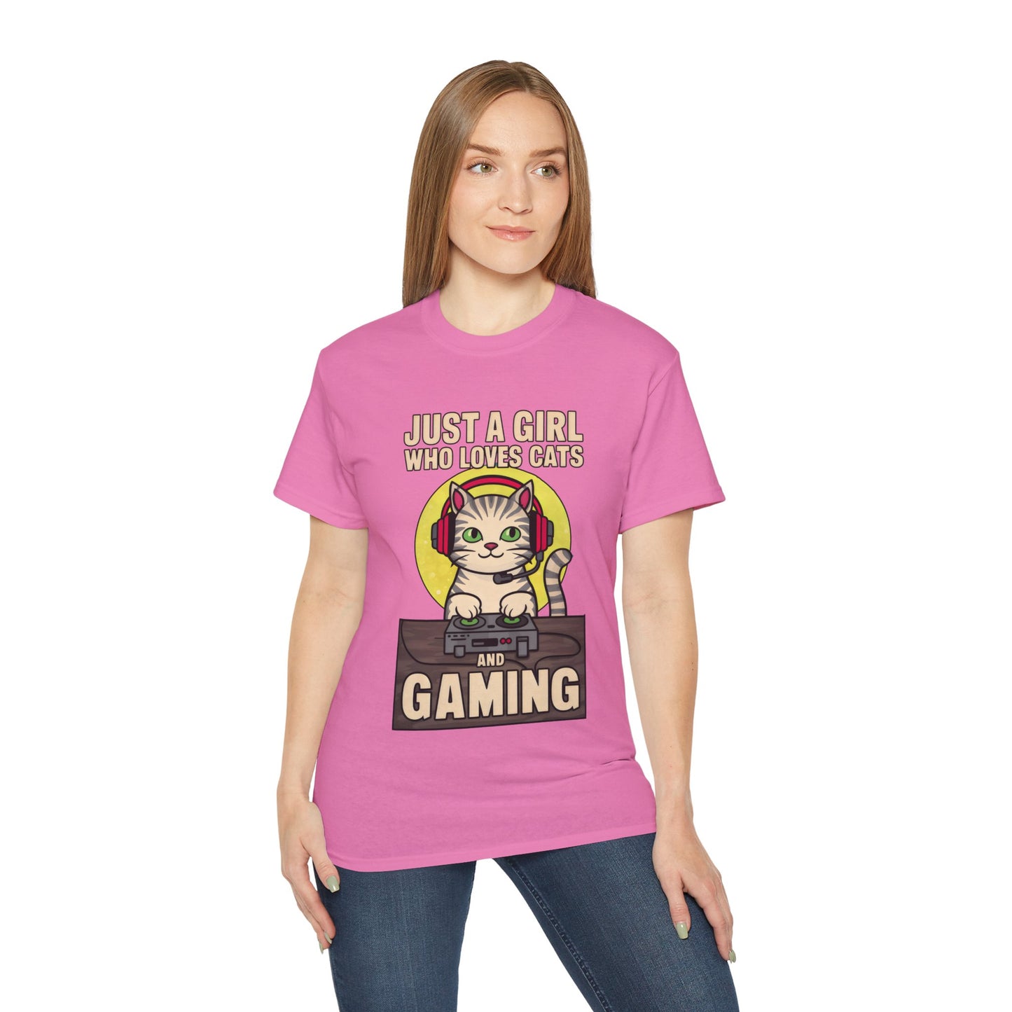 Cute Cartoon Just a Girl Who Loves Cats and Gaming Meme Organic T-Shirt