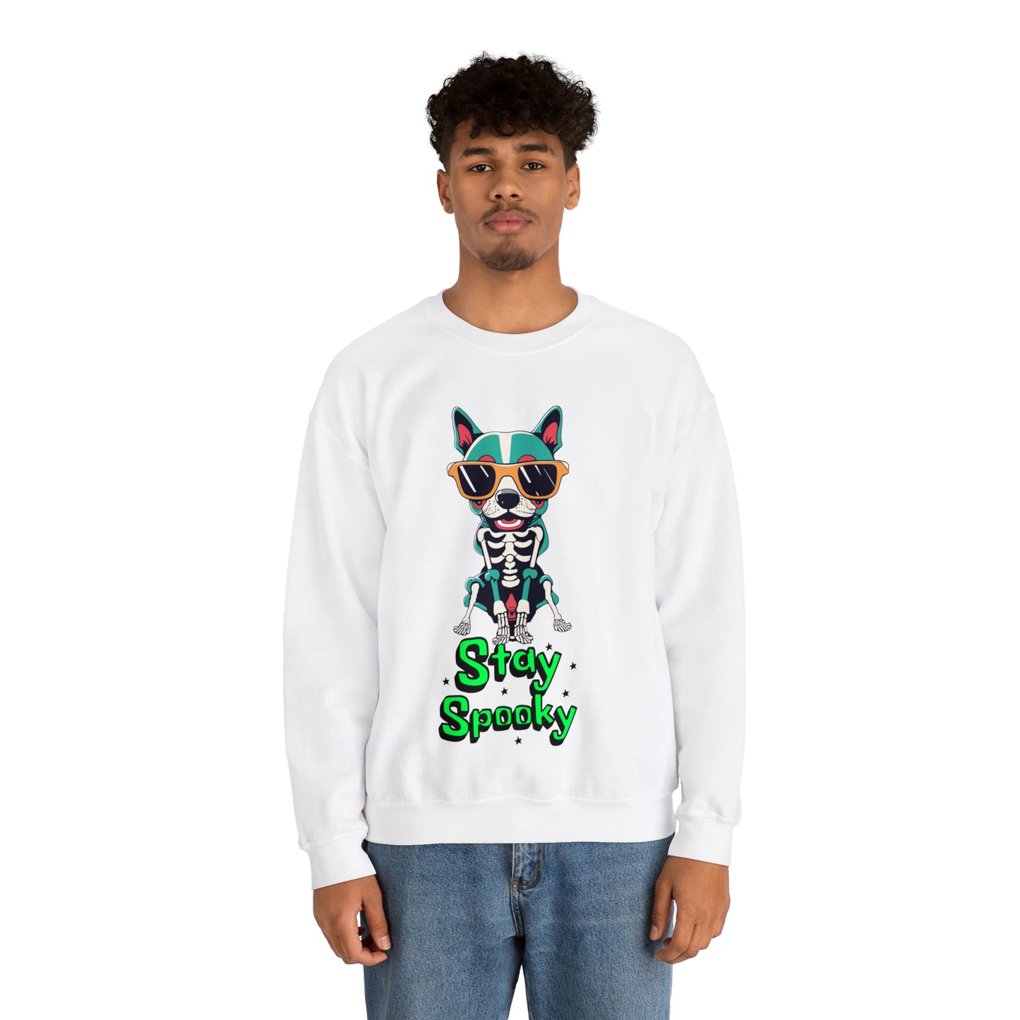 Cute Funny Stay Spooky Skeleton Dog Unisex Crewneck Sweatshirt