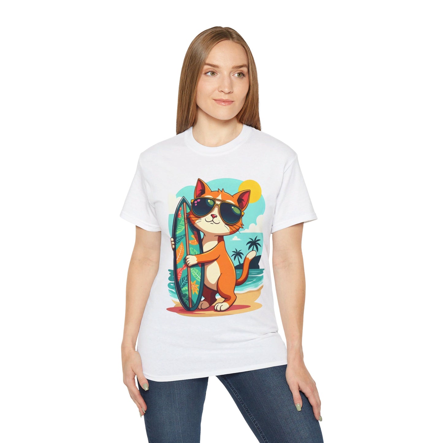 Cute Cat at the Beach Cartoon Unisex Organic T-Shirt