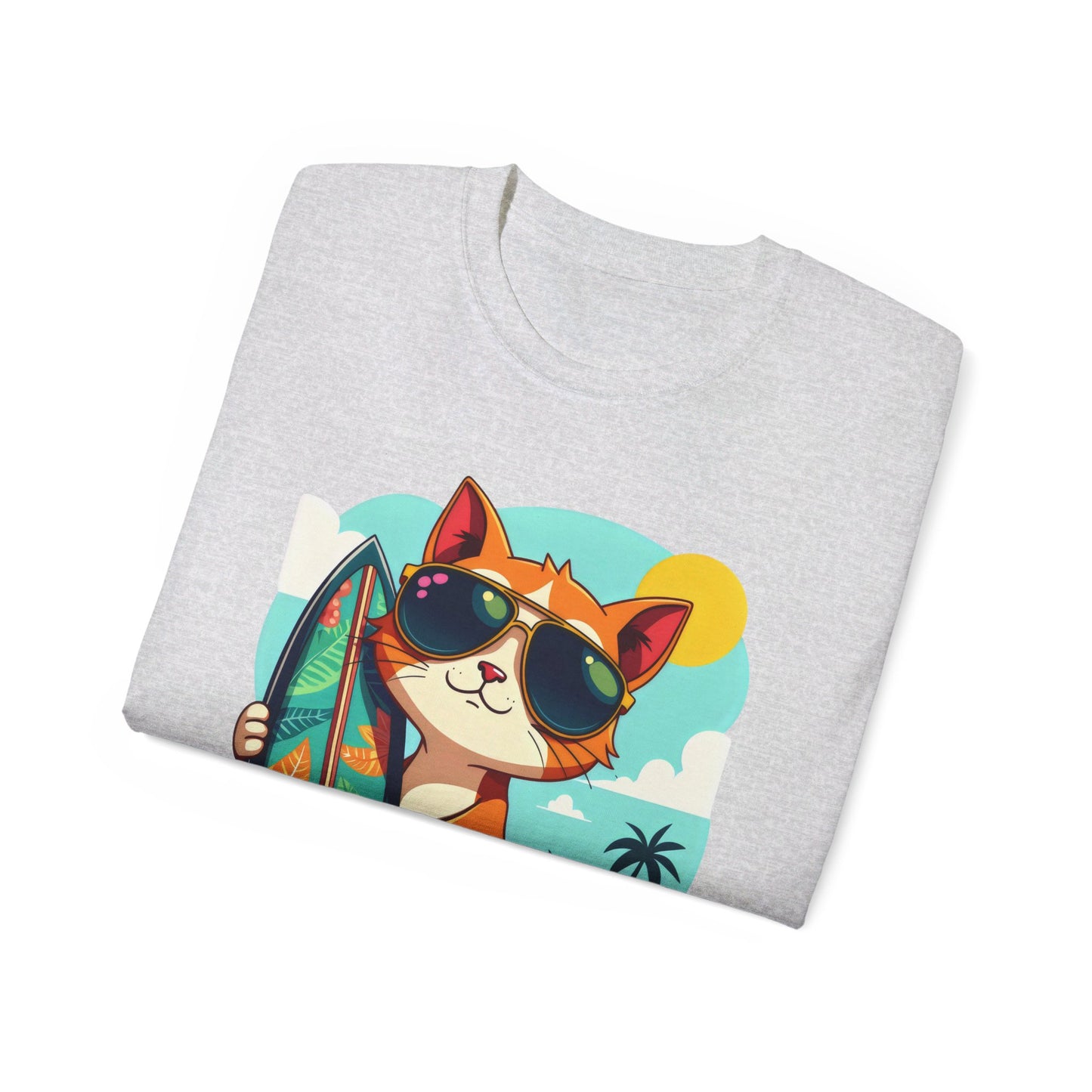 Cute Cat at the Beach Cartoon Unisex Organic T-Shirt