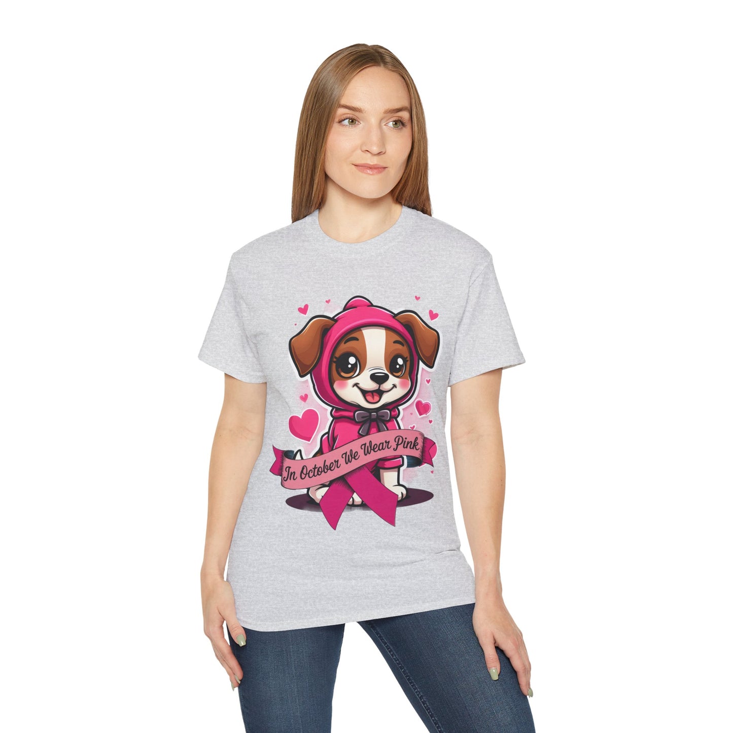 Cute Dog Cartoon In October We Wear Pink Unisex Organic T-Shirt