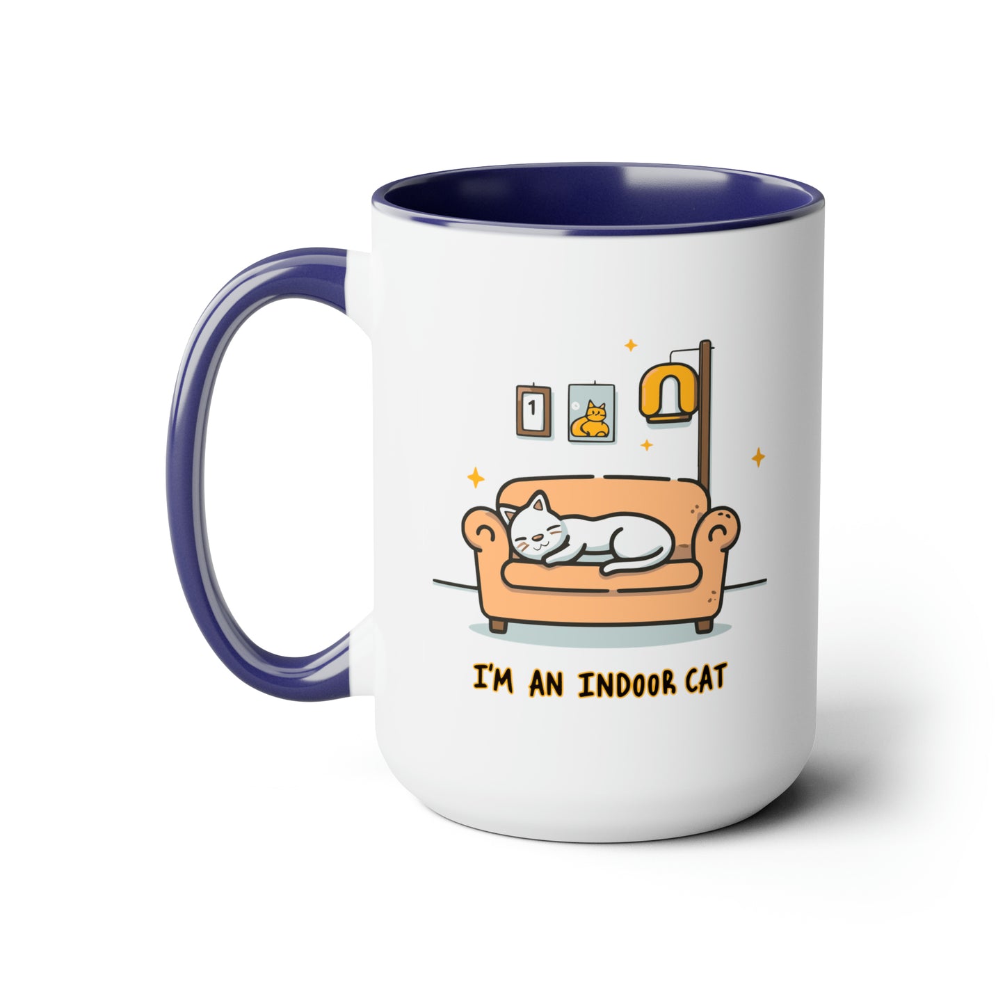 Cute Funny I'm an Indoor Cat Meme Cartoon Two-Tone Coffee Mugs, 15oz