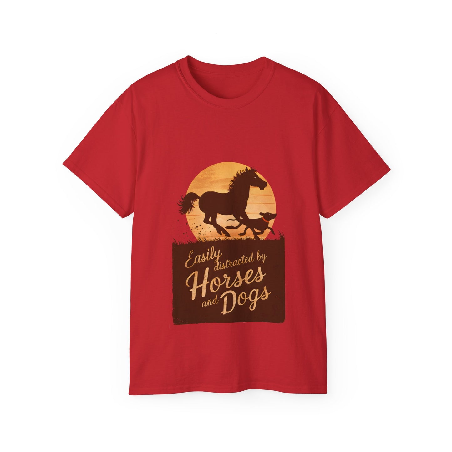 Cute Illustration Easily Distracted by Horses and Dogs Unisex Organic T-Shirt