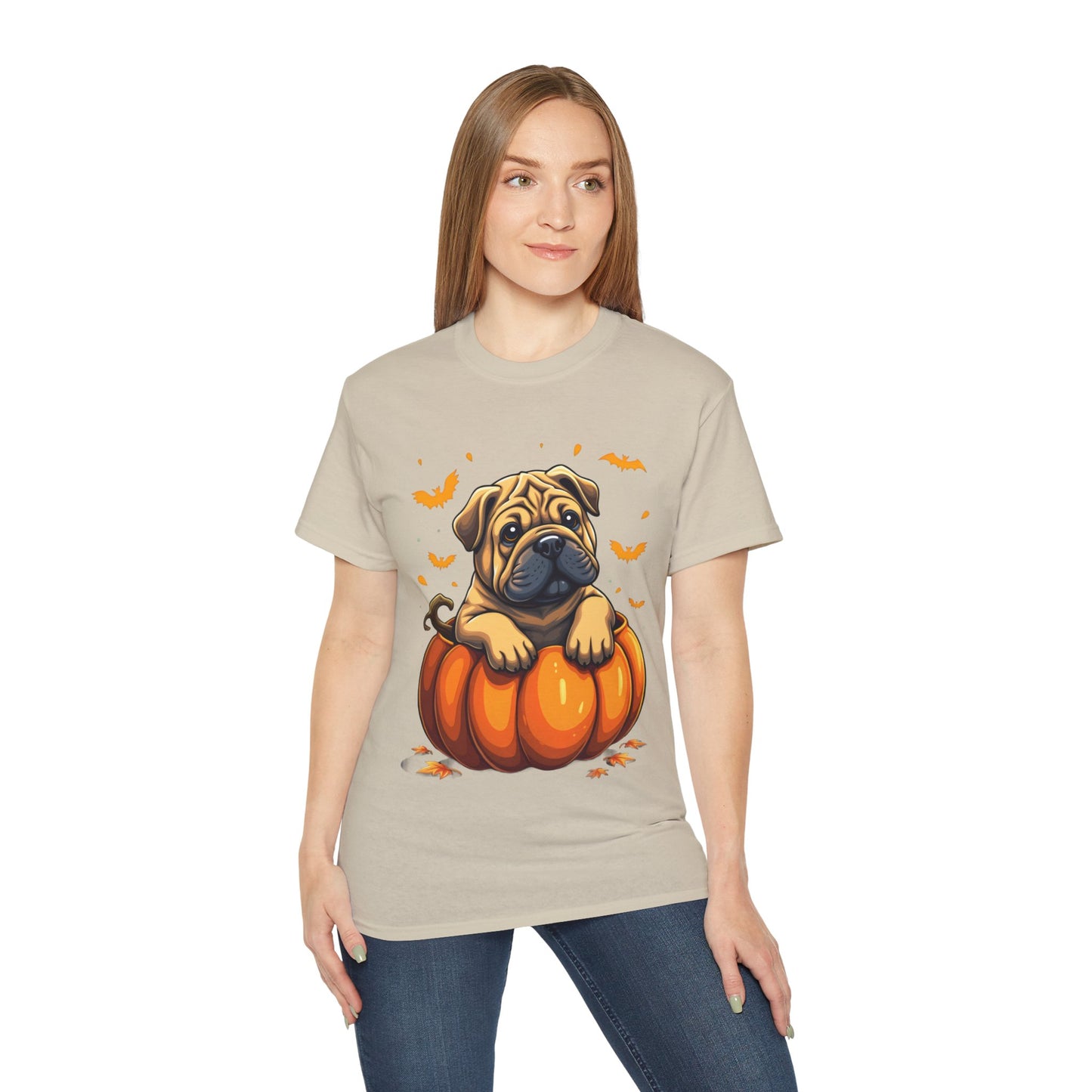 Cute Dog Cartoon Shar Pei Halloween Trick or Treat Unisex Organic T-Shirt