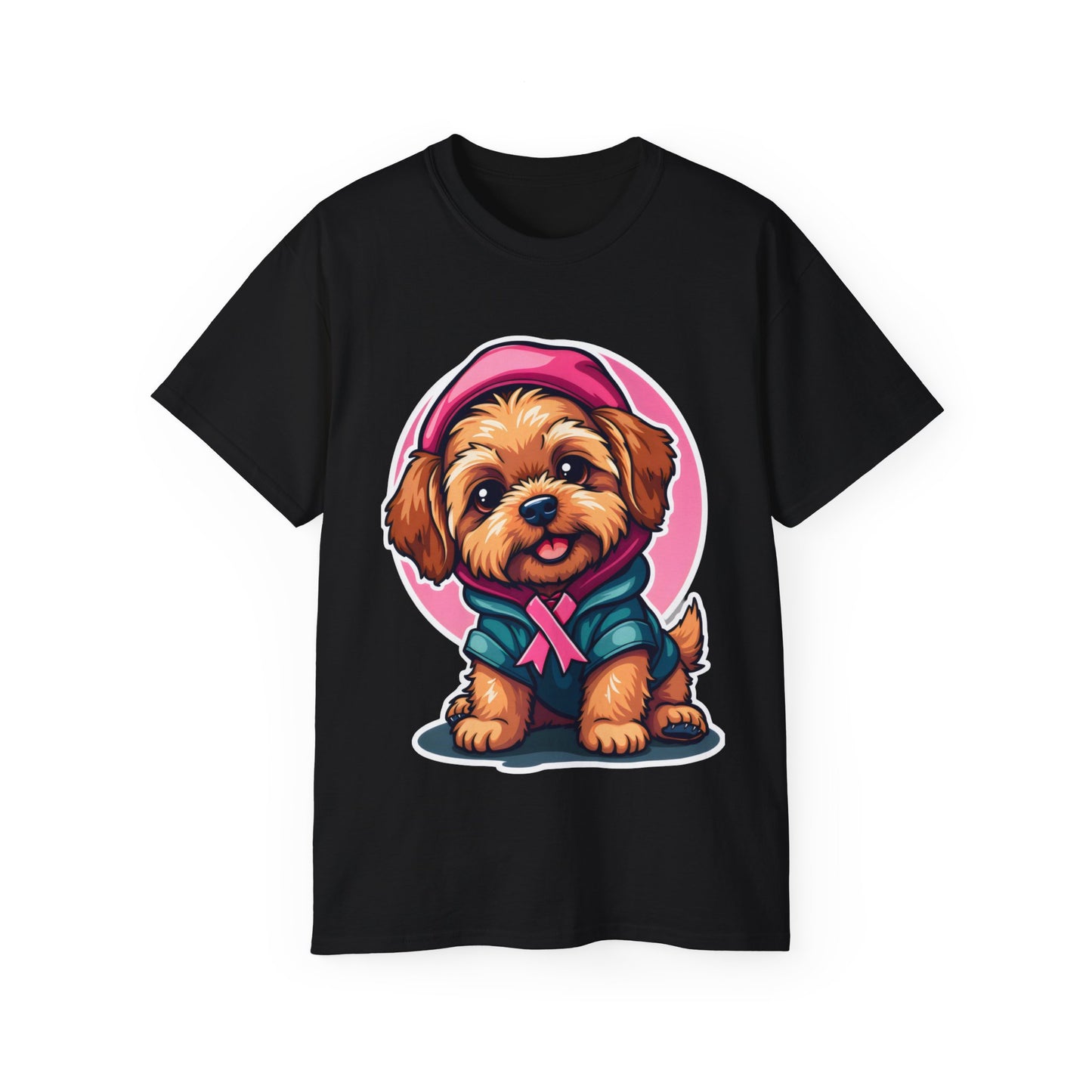 Poodle Dog Cartoon Pink Ribbon Breast Cancer Awareness Unisex Organic T-Shirt