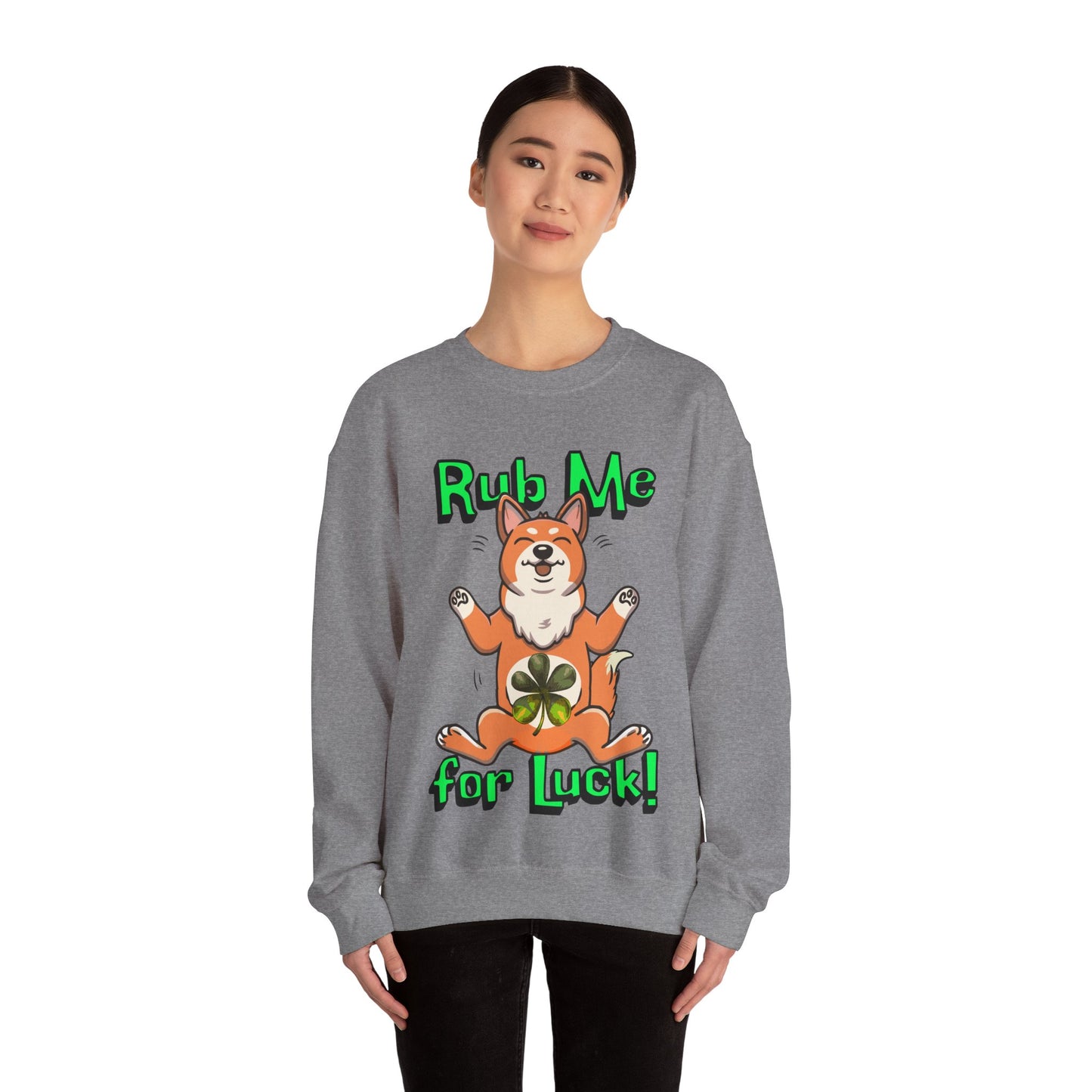 Cute Dog Cartoon St Patrick's Day Rub Me for Luck Crewneck Sweatshirt