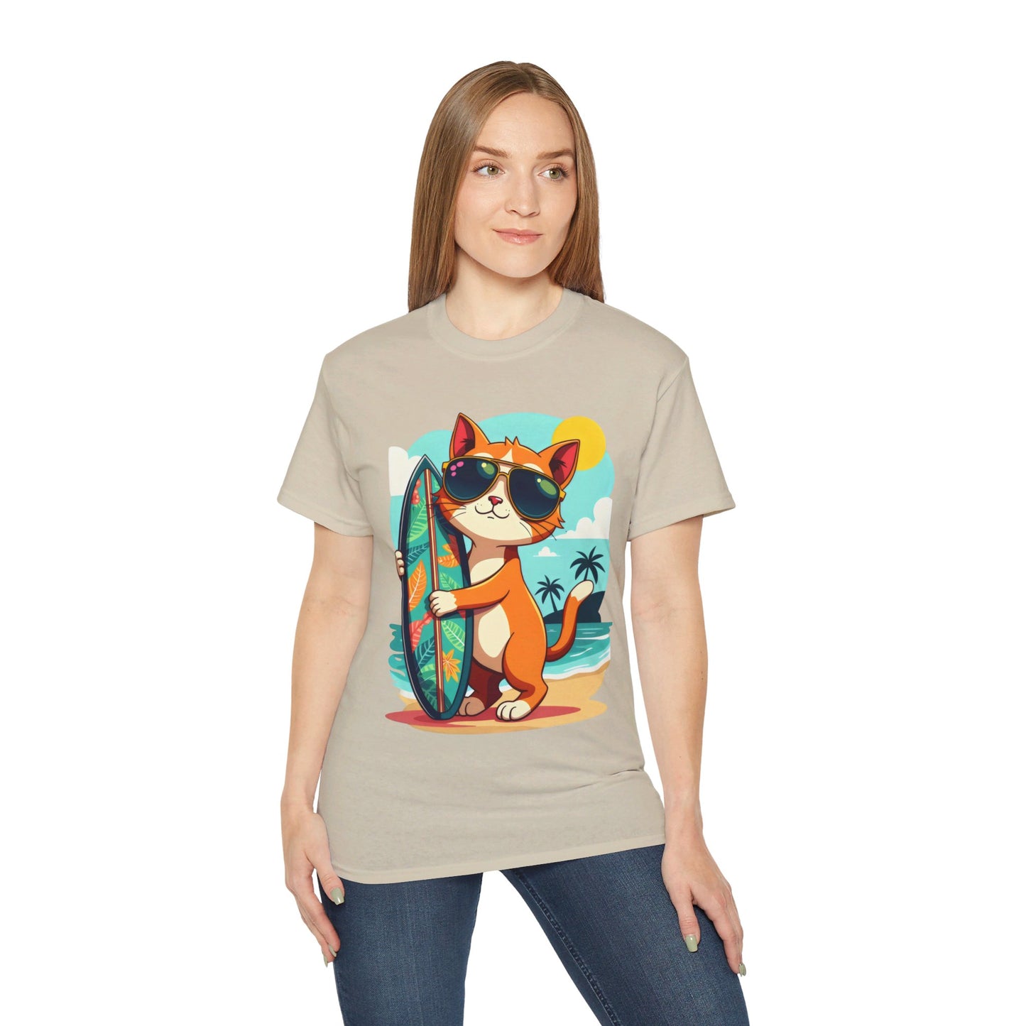 Cute Cat at the Beach Cartoon Unisex Organic T-Shirt