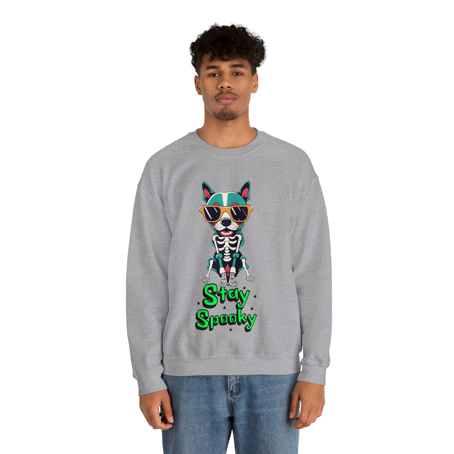 Cute Funny Stay Spooky Skeleton Dog Unisex Crewneck Sweatshirt