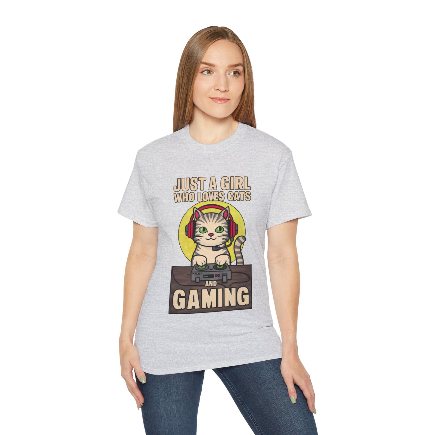 Cute Cartoon Just a Girl Who Loves Cats and Gaming Meme Organic T-Shirt