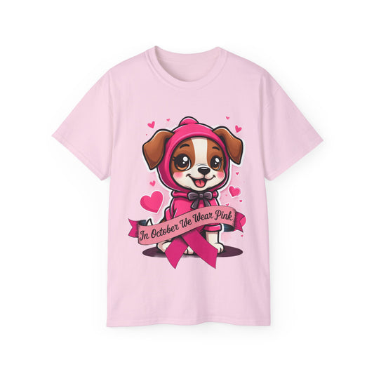 Cute Dog Cartoon In October We Wear Pink Unisex Organic T-Shirt