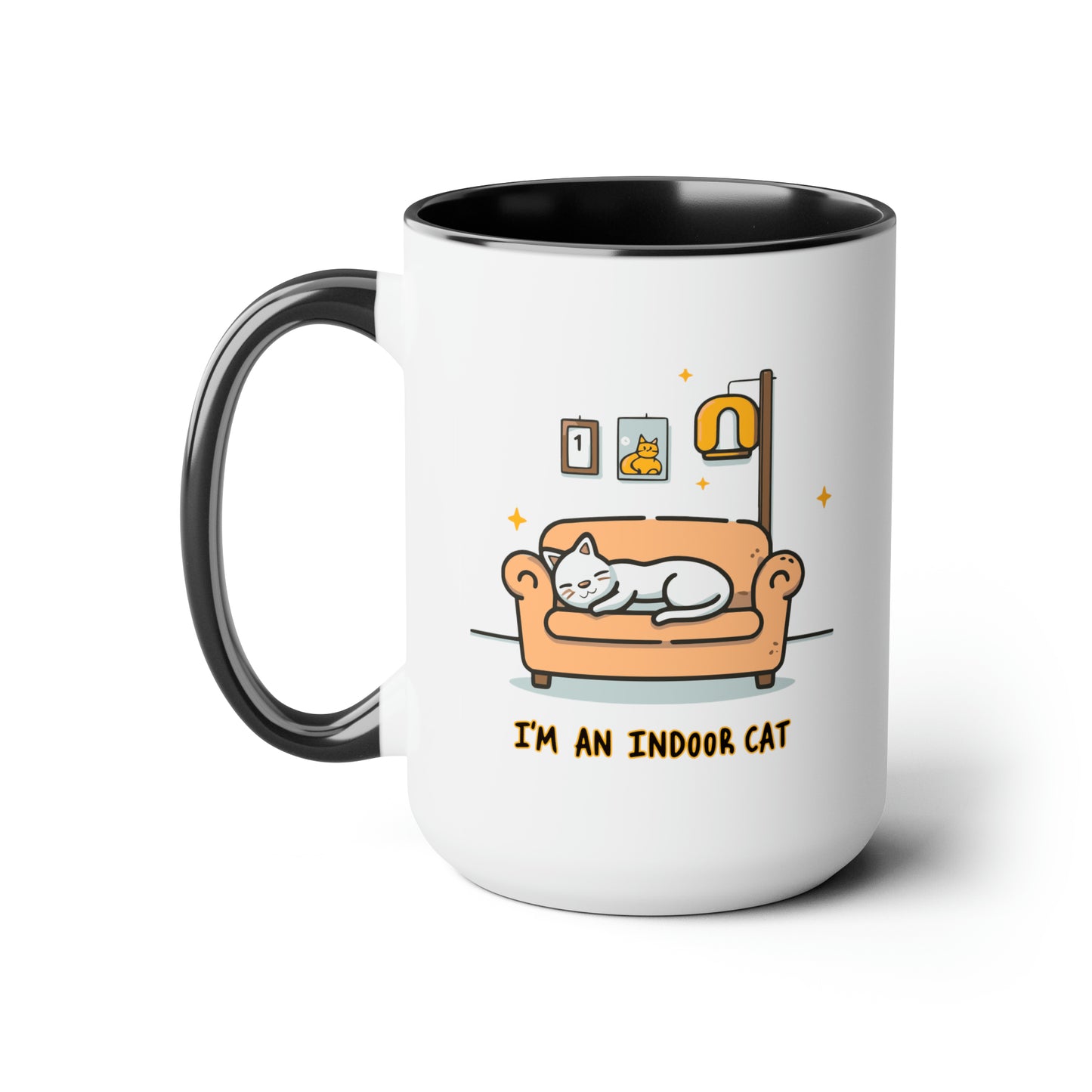 Cute Funny I'm an Indoor Cat Meme Cartoon Two-Tone Coffee Mugs, 15oz