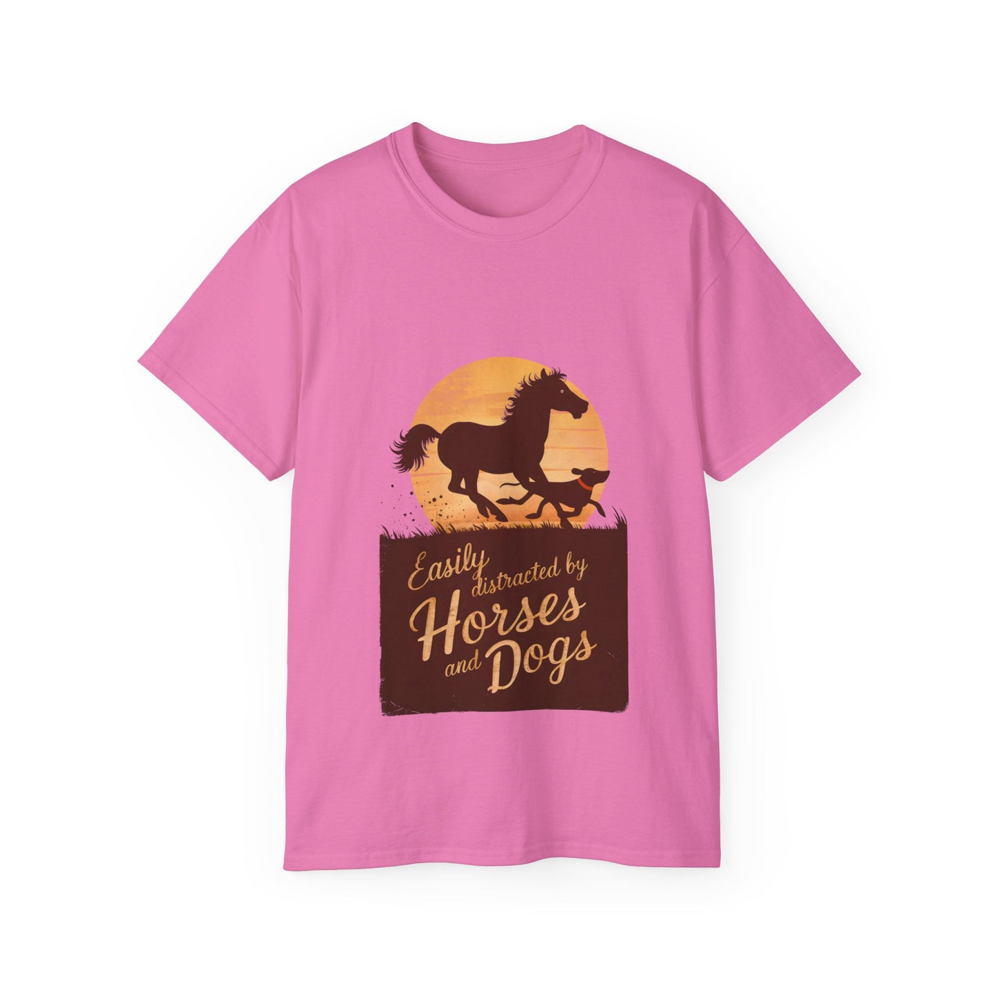 Cute Illustration Easily Distracted by Horses and Dogs Unisex Organic T-Shirt