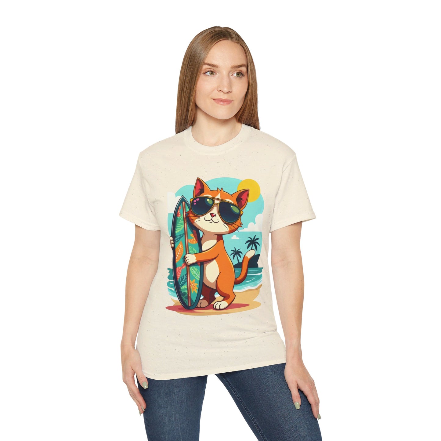 Cute Cat at the Beach Cartoon Unisex Organic T-Shirt