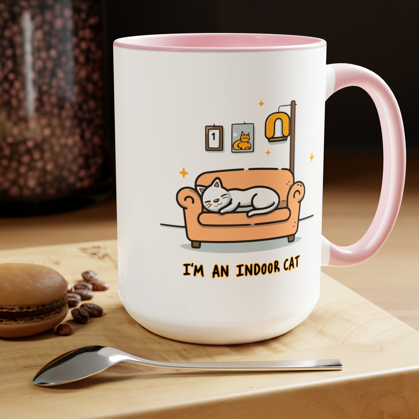 Cute Funny I'm an Indoor Cat Meme Cartoon Two-Tone Coffee Mugs, 15oz