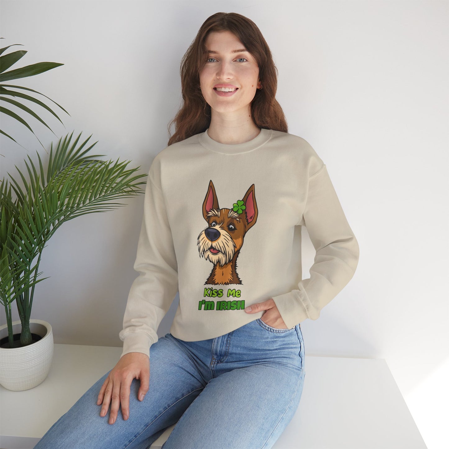 Cute Dog Cartoon Irish Terrier Kiss Me I'm Irish Meme Crewneck Sweatshirt